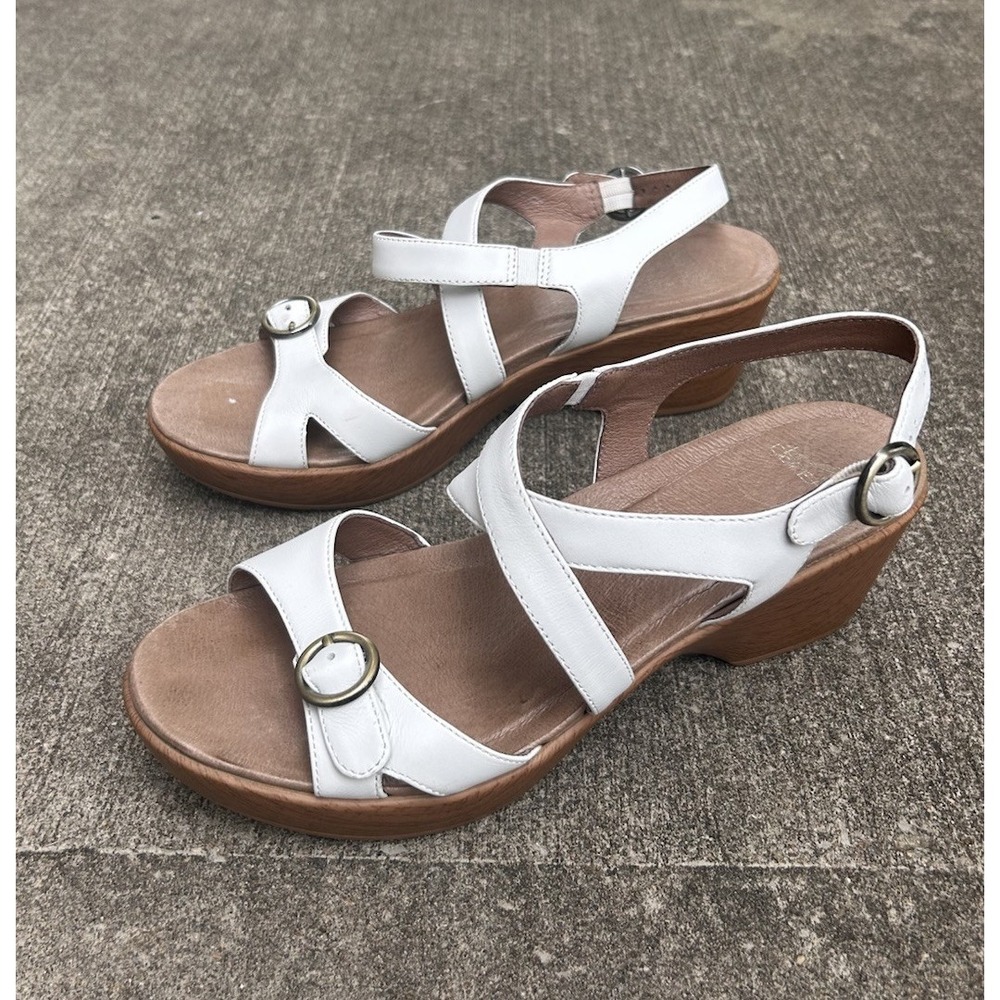 Dansko White Leather Julie Wedge Sandals W 11.5 Buckle Ankle Strap Comfort Shoes